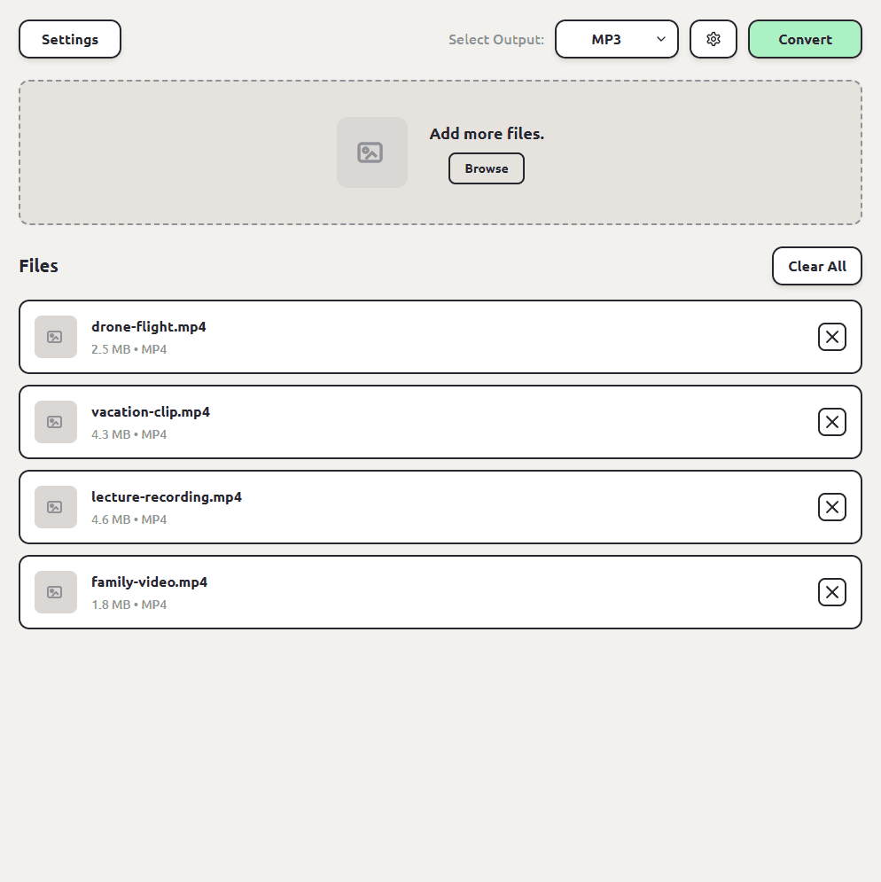 ConvertSave with four MP4 videos queued and MP3 selected as the output
