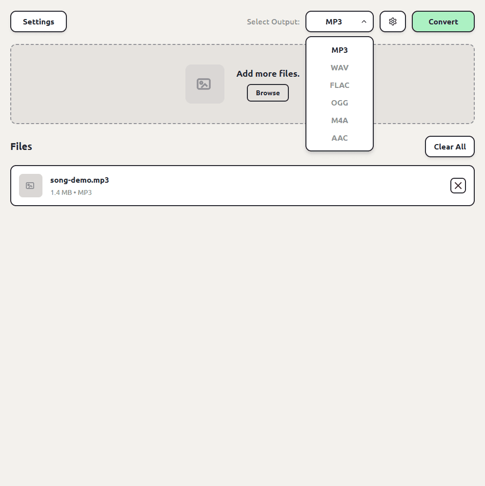 ConvertSave with an MP3 queued and the audio format list open showing MP3, WAV, FLAC, OGG, M4A, and AAC