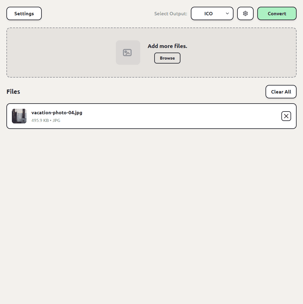 ConvertSave with a JPG photo queued and ICO selected as the output format