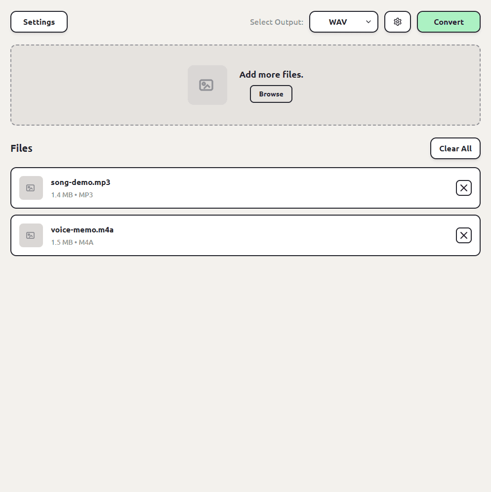 ConvertSave with an MP3 and an M4A voice memo queued and WAV selected as the output