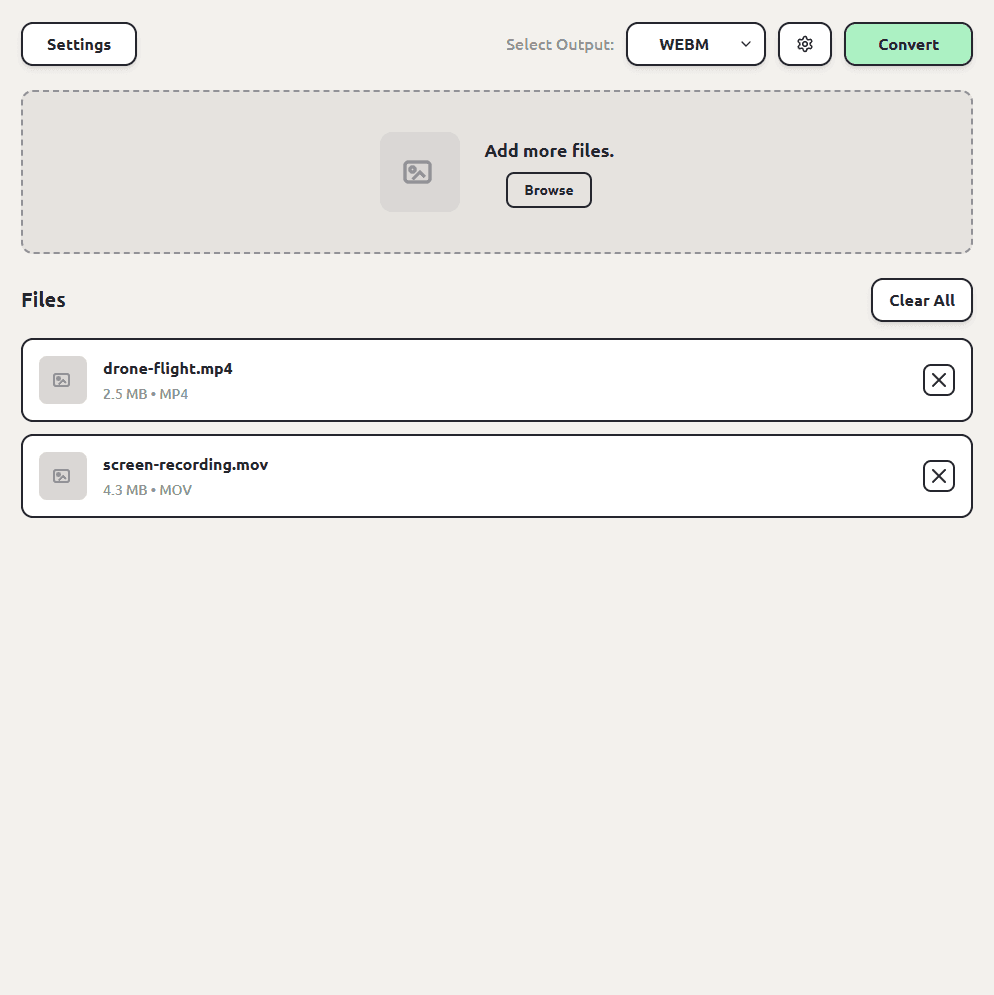 ConvertSave with an MP4 and a MOV queued and WEBM selected as the output format