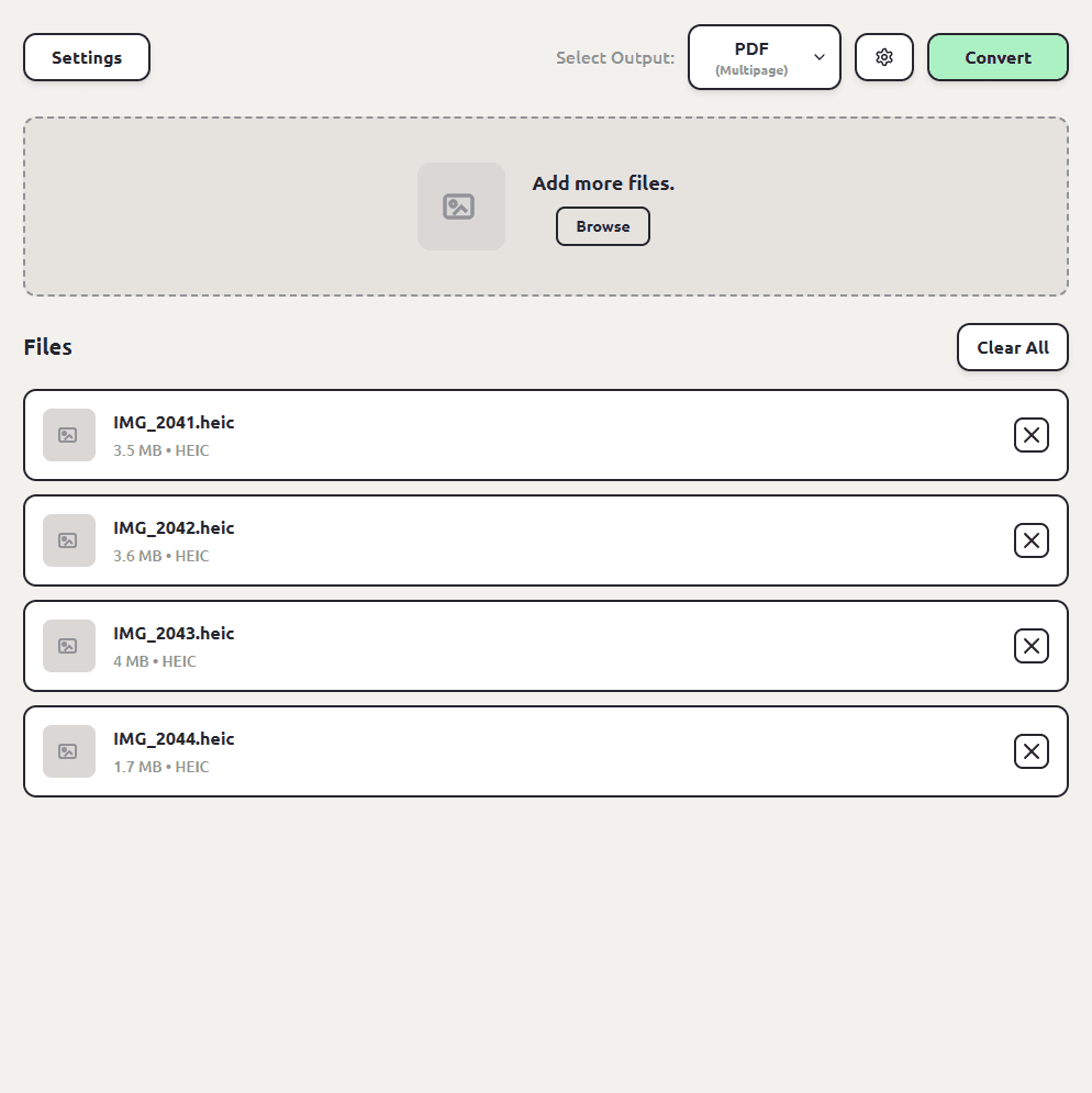 ConvertSave with four HEIC photos queued and PDF (Multipage) selected as the output