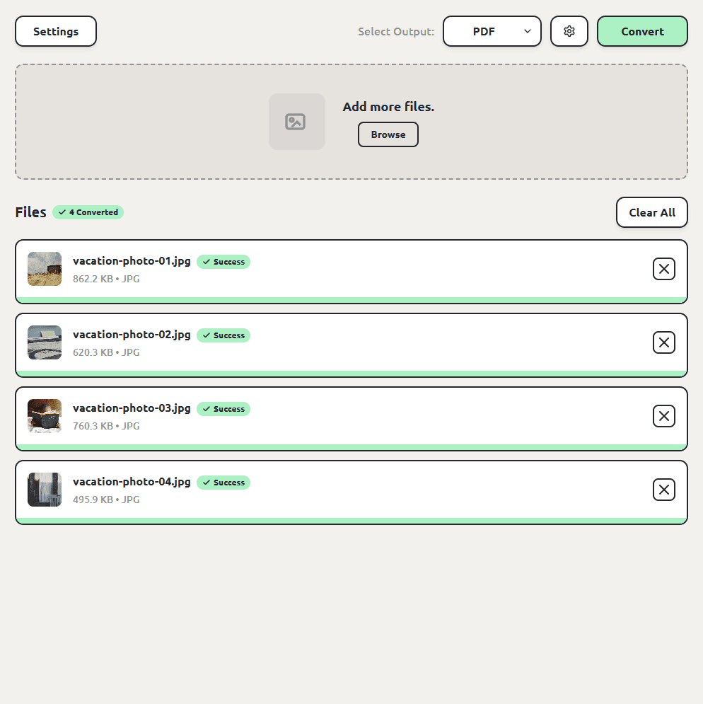 ConvertSave showing four images each converted to its own PDF
