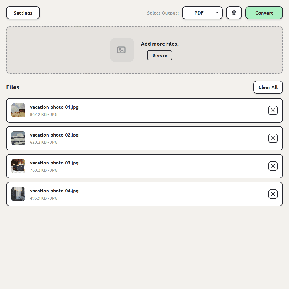ConvertSave with four JPG photos queued and PDF selected as the output format