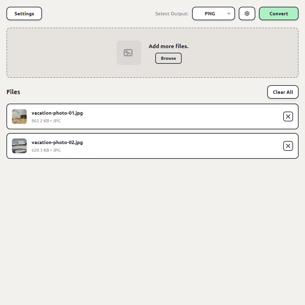 ConvertSave with two JPG photos queued and PNG selected as the output format